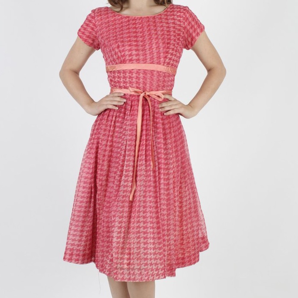 50s Pink Chiffon Houndstooth Plaid Mini Dress